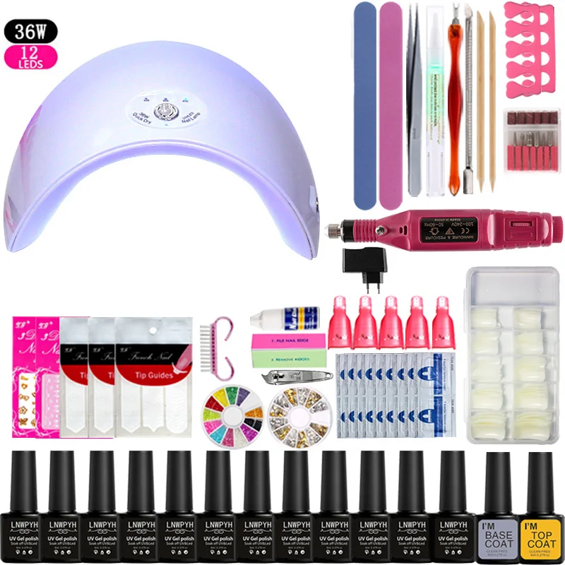 

Electric drill set 6/36W UV LED lamp 12pcs Nail Gel Polish Kit Nail Set Dryer With Soak Off Manicure Tools Set