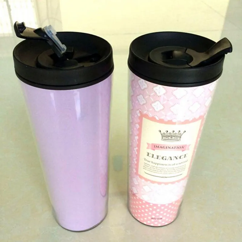 fashion double wall plastic mug with lid,paper insert auto mugs juice