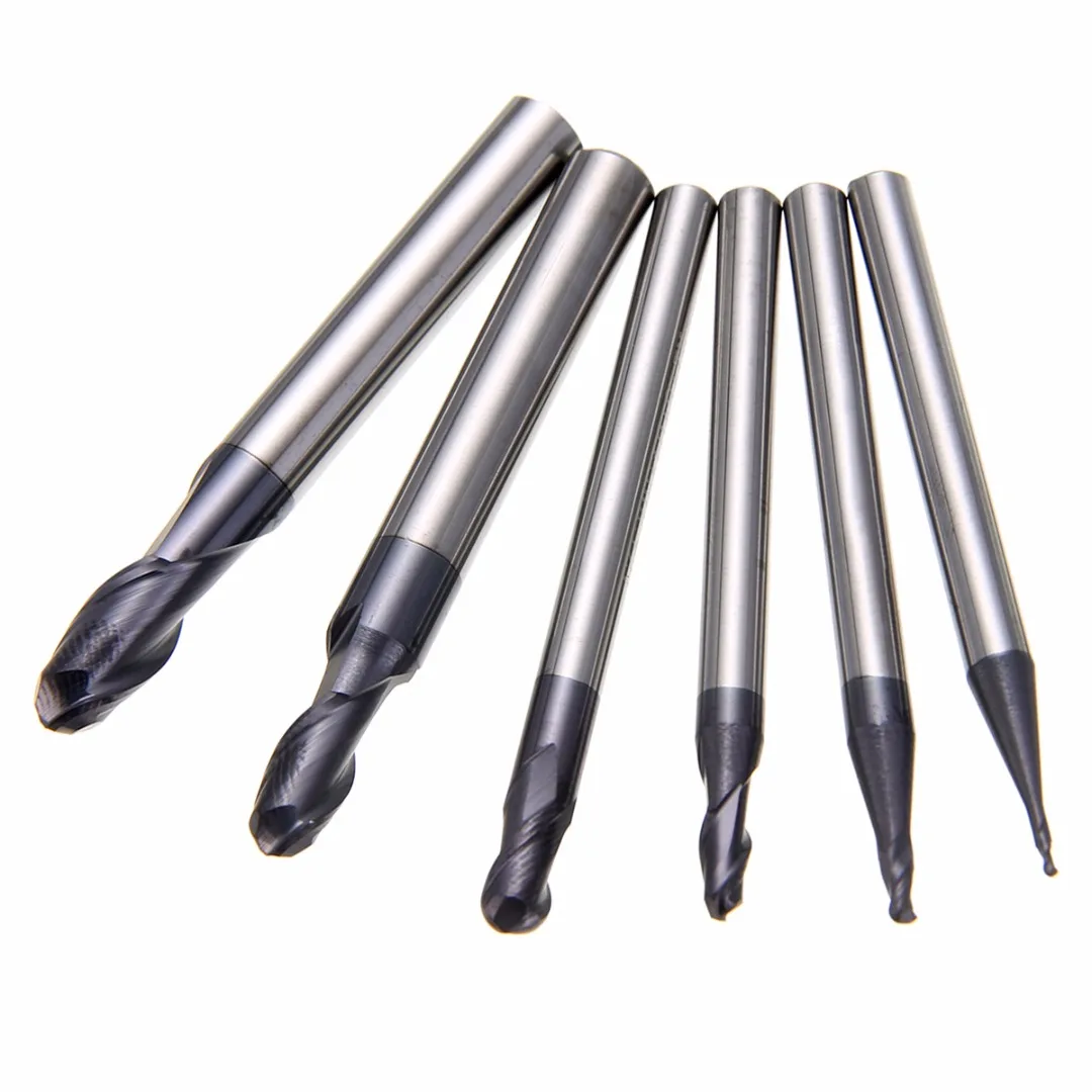 6pcs Ball Nose 2 Flute End Mill Set Solid Carbide CNC Milling Cutting Bit Nitrogen Coated R0.5/1.0/1.5/2.0/2.5/3.0mm