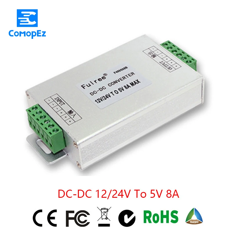 

Power Supply Converter DC/DC Step-down 12/24V to 5V 8A Waterproof Control Car Module Auto Protection Size 97*62.5*23.5mm