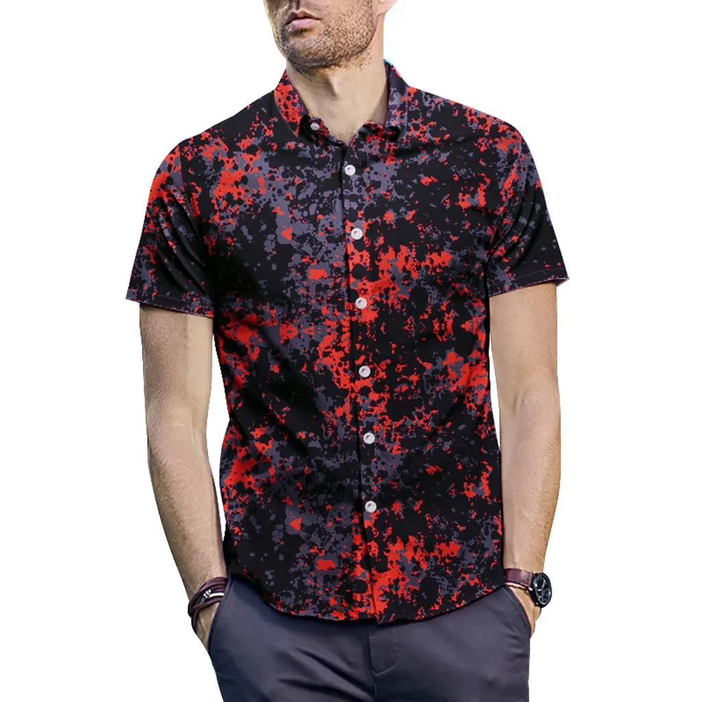 

2019 Summer Fashion Mens Shirt Black Red Denim Shirt Men Brand Short sleeve stand lapel Men floral shirt printing casual slim
