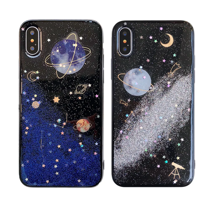 

Glitter Space planet Moon case for iphone XS MAX XR 8 7 plus Romantic bling soft silicon back cover for iphone 6s 6 plus
