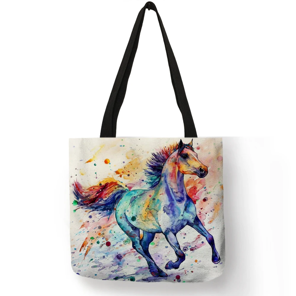 Watercolor Horse Print Linen Shopping Bag Tote Folding Reusable Traveling School Shoulder Bags Casual Handbags For Women 2021