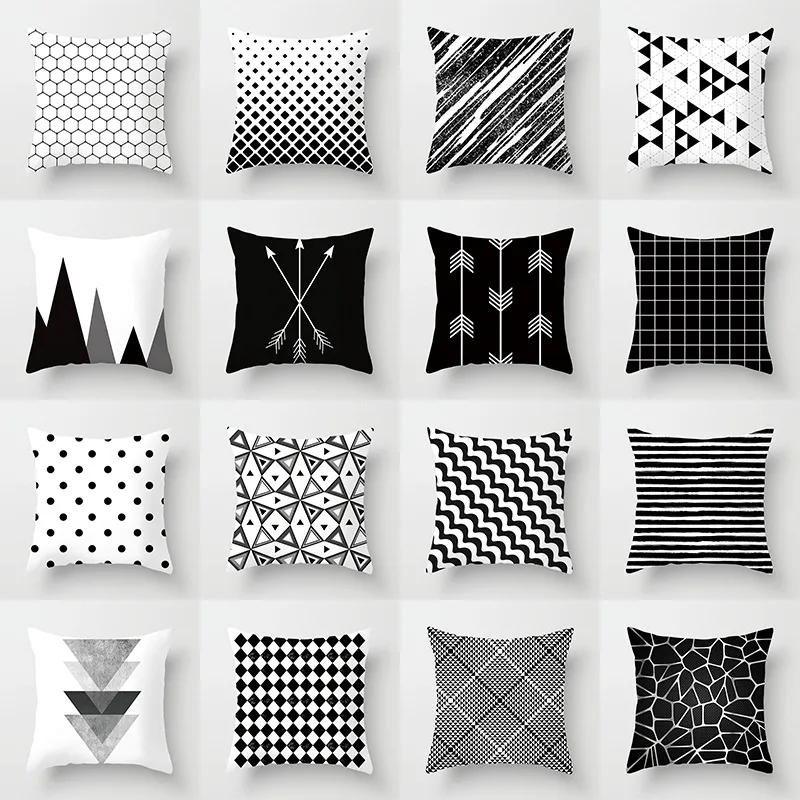 

Geometric Black and White Cushion Cover Polyester Throw Striped Dotted Grid Pillow Case Geometric Arrow Art Cushion Cover