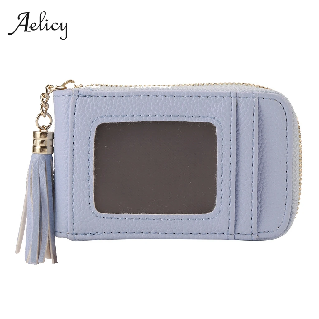 

Aelicy Ladies Leather Minimalist Organizer Women Business Card Holder Wallet Men Tassel Multi-Function Zipper Card Bag 605
