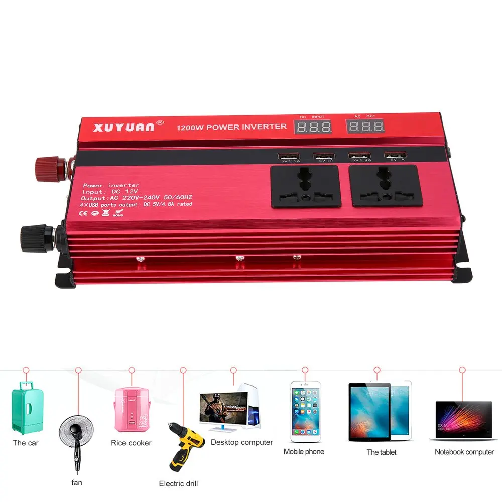 

XUYUAN Professional 1200W Power Inverter DC 12V to AC 220V Digital LCD Display Car Converter for Household Appliances