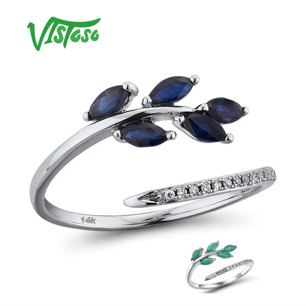 VISTOSO 14K White Gold Rings For Lady Genuine Shiny Diamond Fancy Blue Sapphire Emerald Engagement Anniversary Chic Fine Jewelry 1