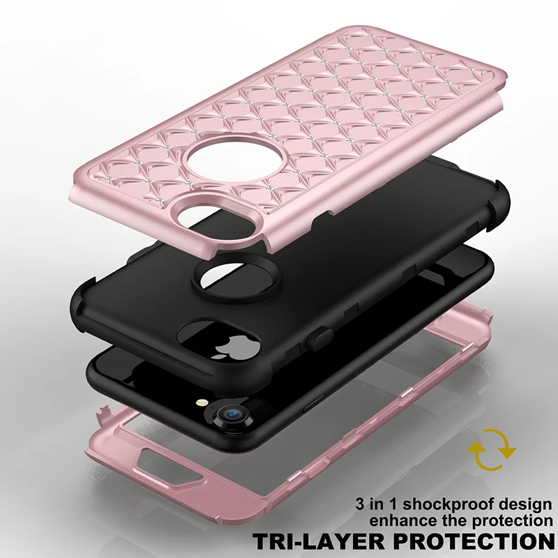 Bling Diamond Shockproof  Armor Case For iphone 11 12 13 Pro XS Max 8 7 Plus Cover 3 in 1 Silicon & PC Full Protection Back Case case for iphone 13 mini