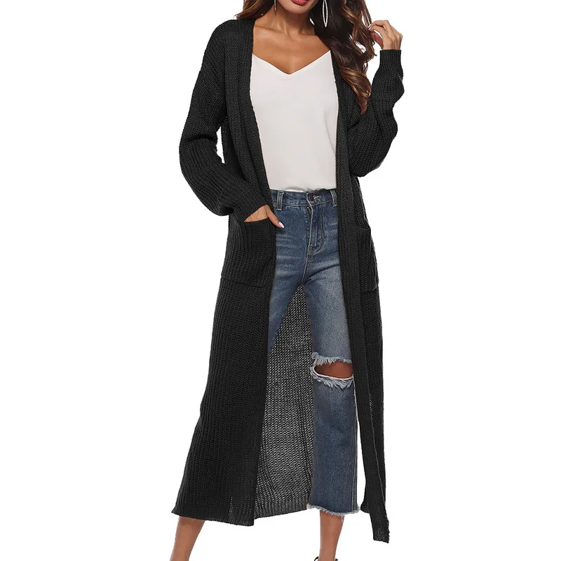 LAAMEI, длинный женский кардиган, осень, модные длинные вязаные свитера, женские топы больших размеров, Осеннее повседневное черное пальто, Раздельная одежда
