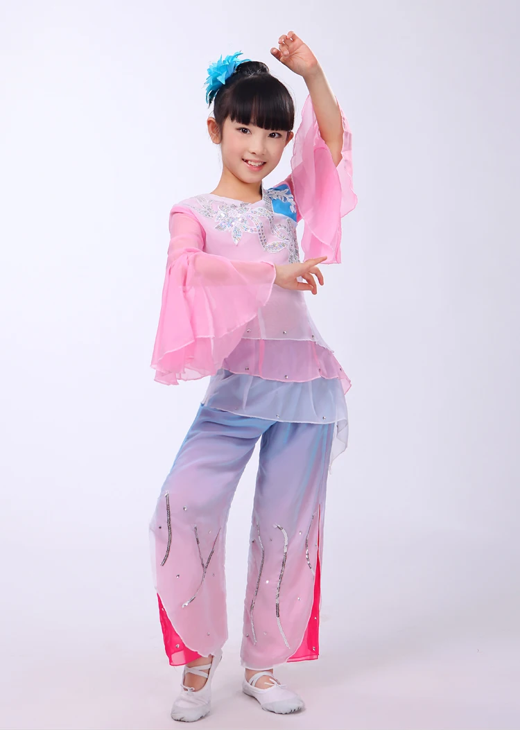 (0174) Chinese folk dance children pinl costumes Girls Embroidery Hanbok fan yangko classical dancing stage performance clothes