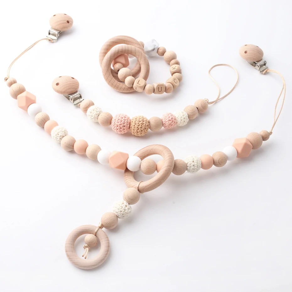 

3PC/Set Personalized Name Pacifier Chain Two Wooden Pacifier Clip Necklace Bracelet Crochet Beads Holder Baby Wooden Teether Toy