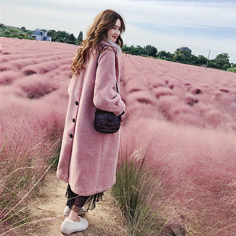 Hepburn Mink Fur Coat Pink Furry Jacket Long Fur Coat Mink Fur Plush Coat X-Long Single Breasted Pink Fur Jacket Streetwear