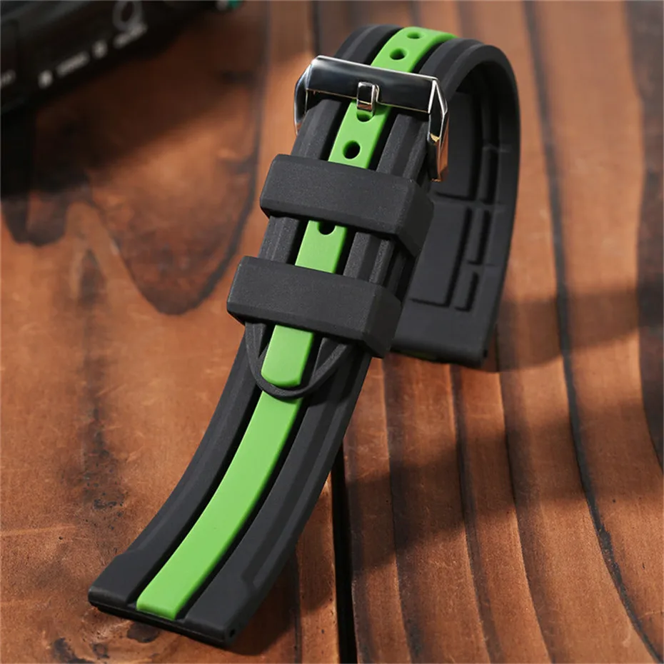 Watch Band 20mm22mm24mm Double Color Red Green Blue Silicone Stylish Sport Strap for Wristwatches Pin Buckle  + Spring Bars   (29)