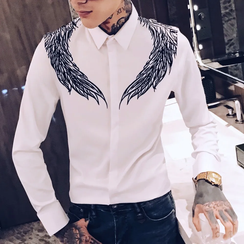 Осенняя мужская рубашка брендовая с длинным рукавом черная белая рубашка Мужская Уличная цифровая печать Тонкая Повседневная одежда рубашки вечерние M-3XL