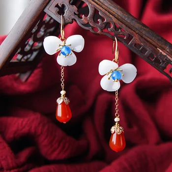 

Chinese Wind jewelry white glass glazed dangle earrings, New Original Ethnic nature stones earrings