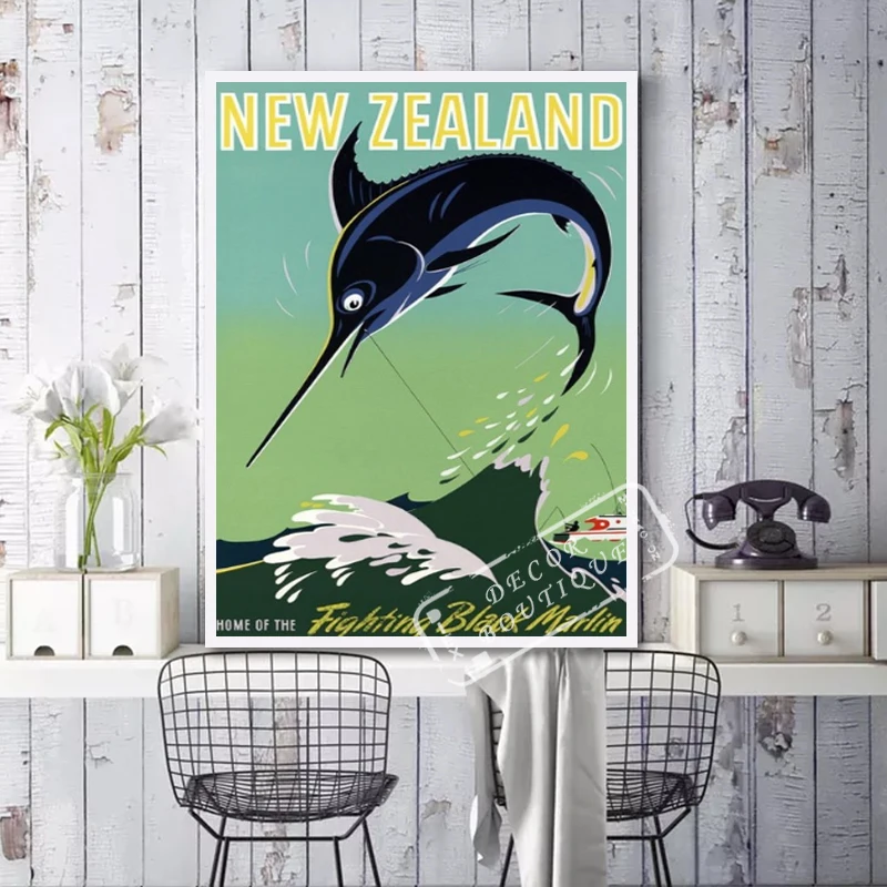 NZ Новая Зеландия рыба черный Марлин классический винтажный Холст Картина постер