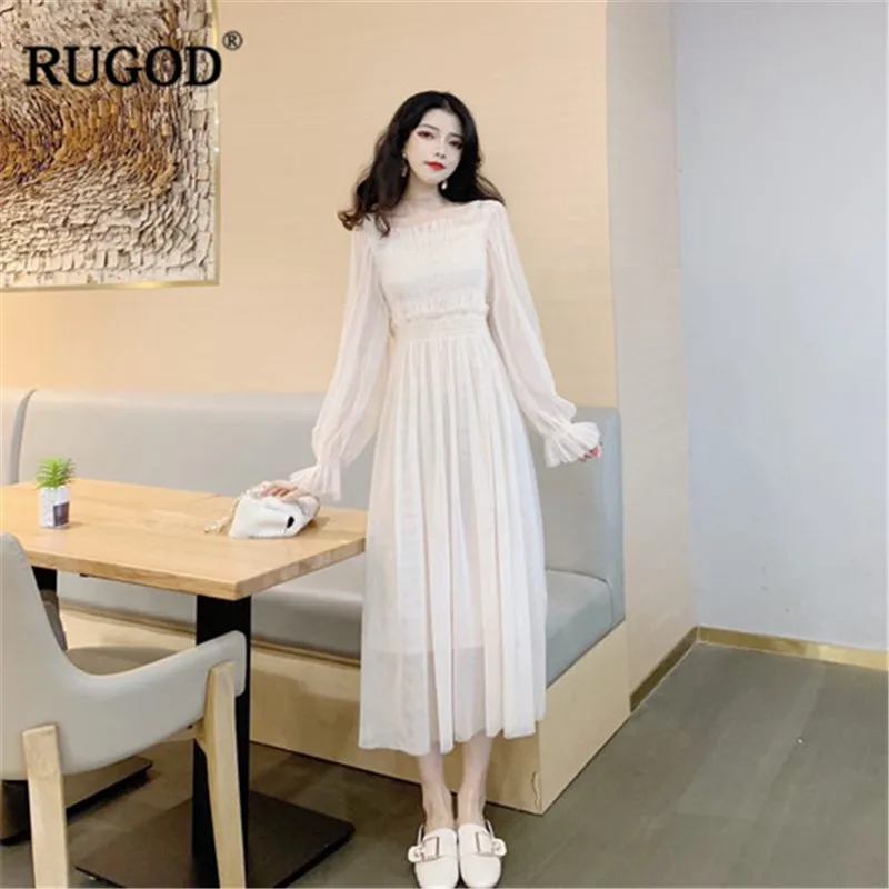 

RUGOD Vintage women dress sashes long sleeves mid-calf korean style elegant slash neck spring casual femme vestido verano