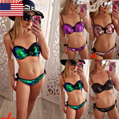 

Summer Sexy Women Lace Bikini Bra G-String Sets Sequin Side Tie Swimsuit Swimwear Beachwear