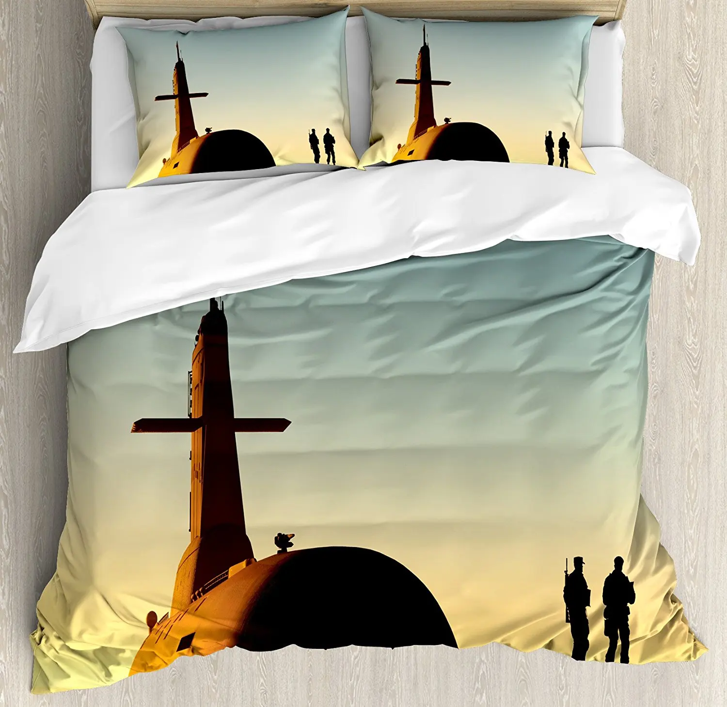 Military Duvet Cover Set Submarine below Evening Sky with Two Soldiers