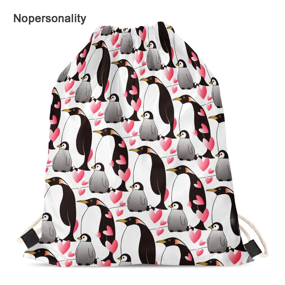 Nopersonality Novelty Heart Pattern Penguin Drawstring Bag Portable Women Kids School Backpack Lightweight Travel Storage Bags