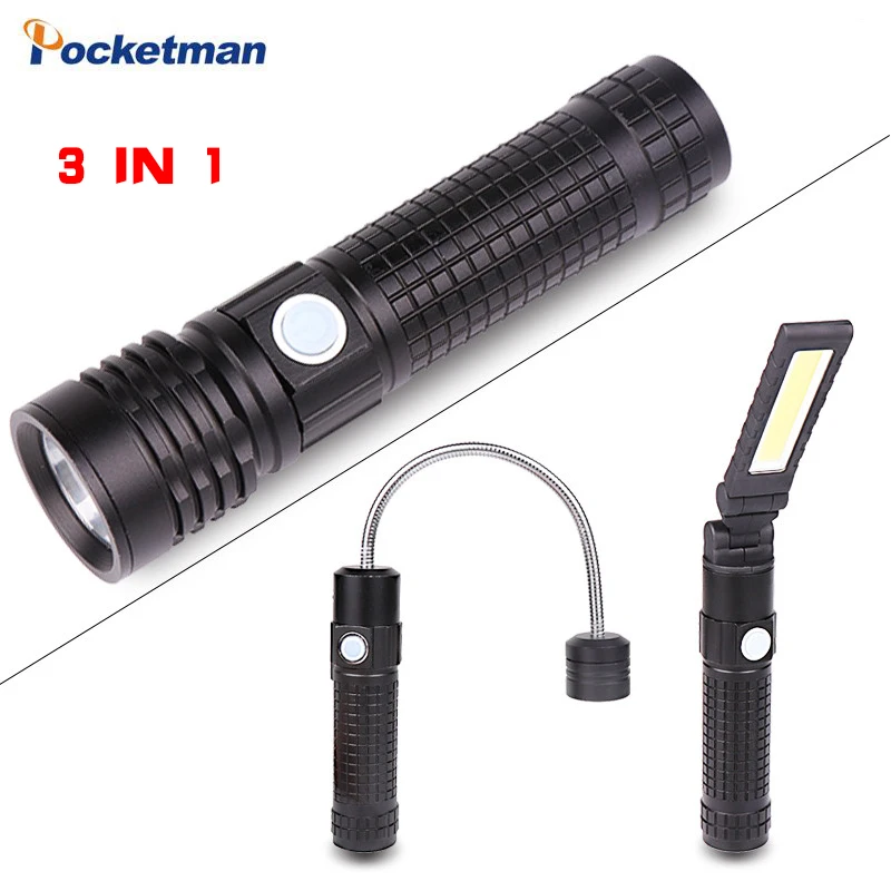 

3 IN 1 LED Flashlight T6-COB-XPE lamp head free to match Torch for Camping work light USB charging use 18650 linternas