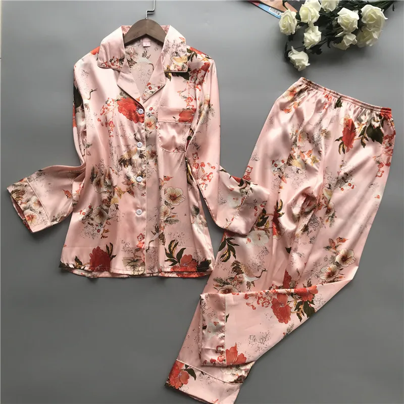 Daeyard модные шелковые пижамы для девочек с принтом Блузка длинными рукавами и брюки двойка пижамы повседневное домашняя одежда ночное