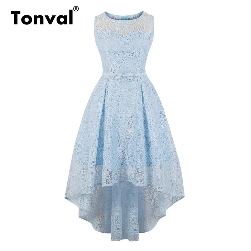 Tonval голубой кружевной Высокий Низкий Подол платье миди Для женщин Night out Винтаж вечерние платье элегантный See Through с бантом сзади платья