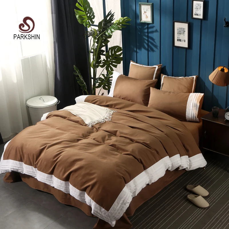 ParkShin Fashion Simple Coffee Bedding 100 Cotton Set Home Textiles