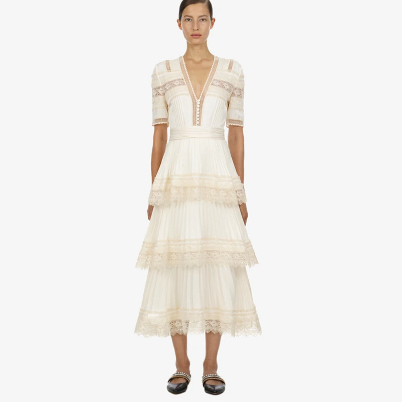 

2019 Summer White Women Dress Self Portrait Designer Dresses V Neck Short Sleeve Lace Female Fashion Maxi Party Dress