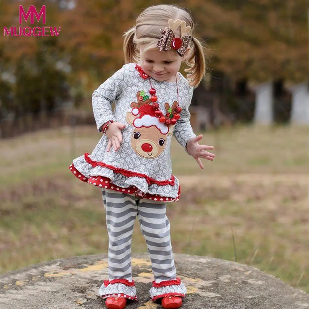 

MUQGEW Toddler Kids Baby Girl Clothes Christmas Deer T shirt Tops Stripe Pants Princess Outfits roupa infantil