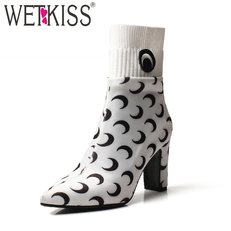 

WETKISS Autumn Lycra Ankle Boot Women Knitting Pointed Toe Footwear High Heels Sock Shoes 2018 New Printing Female Party Bootie