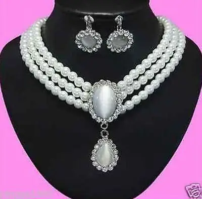 

Hot sale White Opal Pendant 3 Rows White Freshwater Pearl Necklace Earring