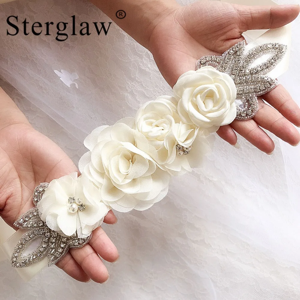 

270x4cm Fashion female Flower Crystal White Wedding Belt Handmade pink flowers ribbon bride belt for women dress girdle C010