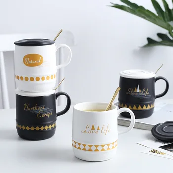 

400ML Creative Coffee Cups Ceramics Nordic Style Gold Handgrip Mugs with Lid Spoon Home Breakfast Milk Cup Mug