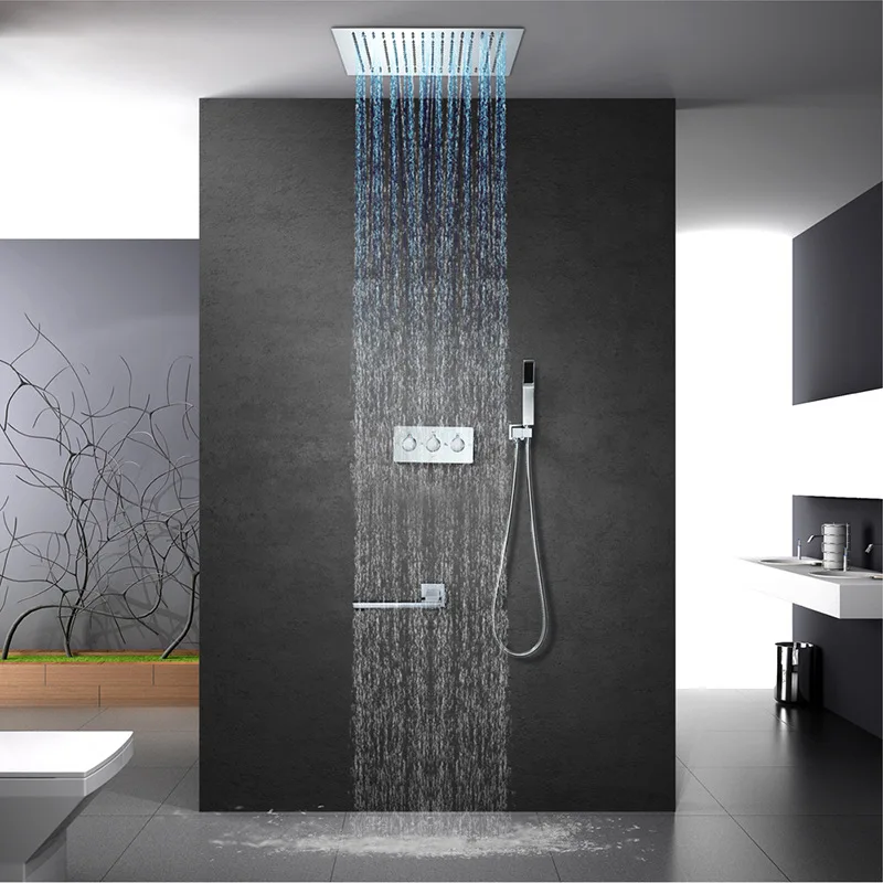 Remote Control LED Light 400*400mm Rainfall Shower Head Embedded Ceiling Mounted Brass Shower Faucets Set Chrome Bathroom Shower