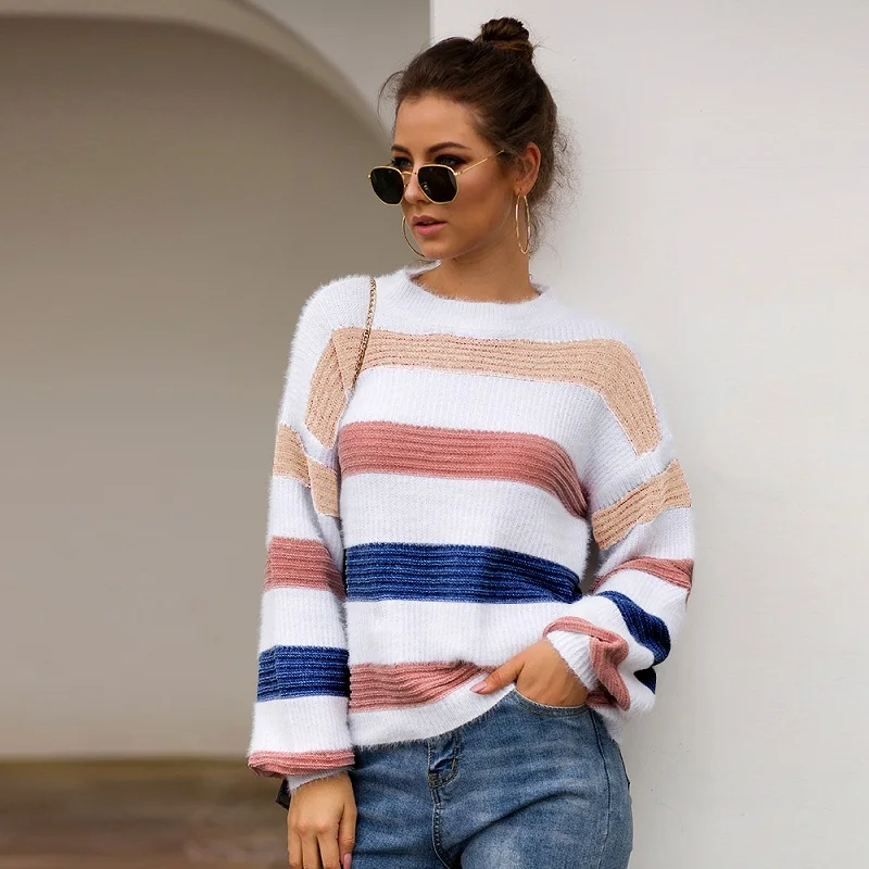 Color matching Stripe Sweaters Women Autumn Winter Pullovers Jumpers Female Knitted Loose Warm soft Sweaters Mujer Pullover