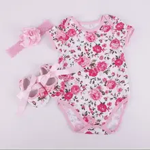 Детские ромперы без рукавов для новорожденных, комбинезон с розовым цветком, повязка на голову, комплект одежды из 3 предметов, одежда для малышей, костюмы для новорожденных 0-12 лет