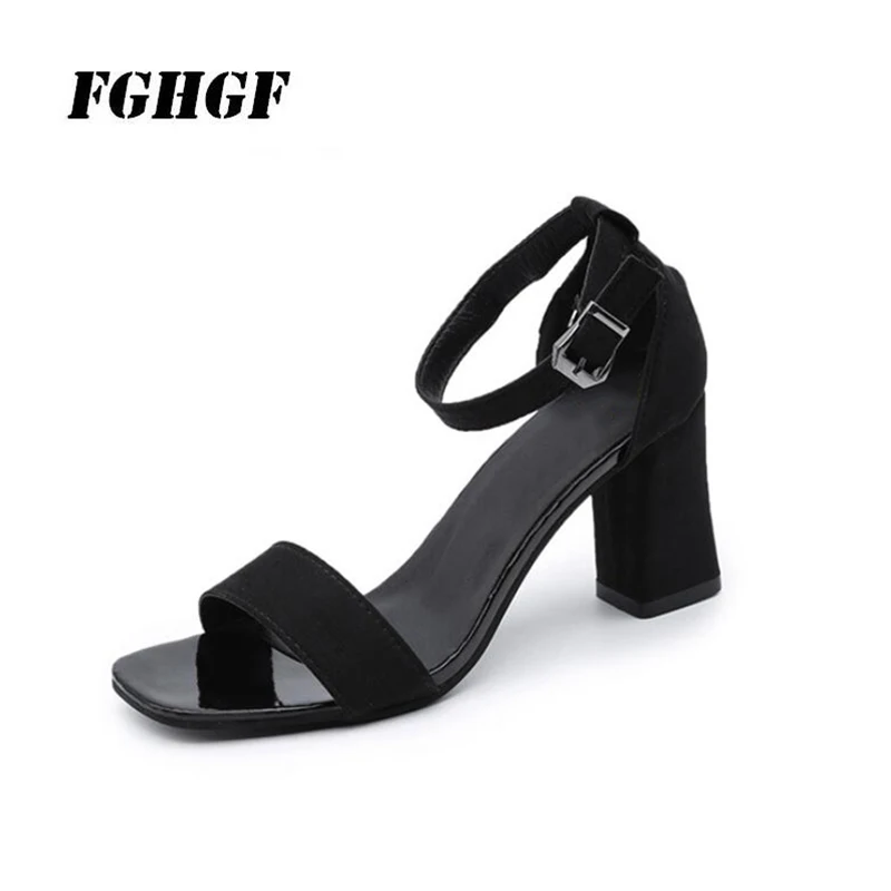 

FGHGF Flock Summer Lady Sandals Front Rear Strap Square Heel Solid Color Fashion Buckle Rubber Flock Summer Woman Sandals