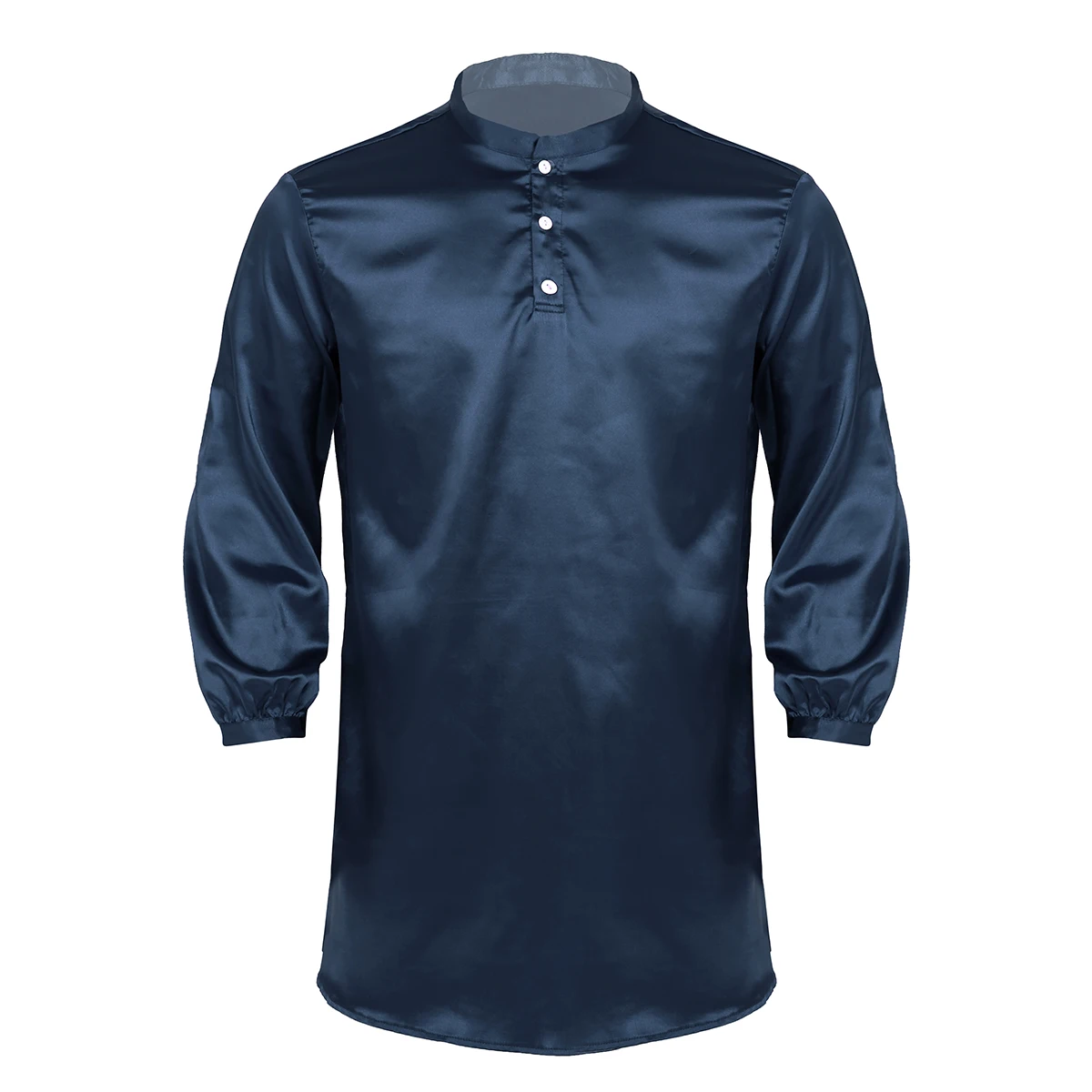 Мужские повседневные Слип Hommes рубашки шелковистые атласные пуговицы вниз с длинным рукавом пижамы Твердые цветная Пижама Свободный пуловер ночная рубашка - Цвет: Navy Blue