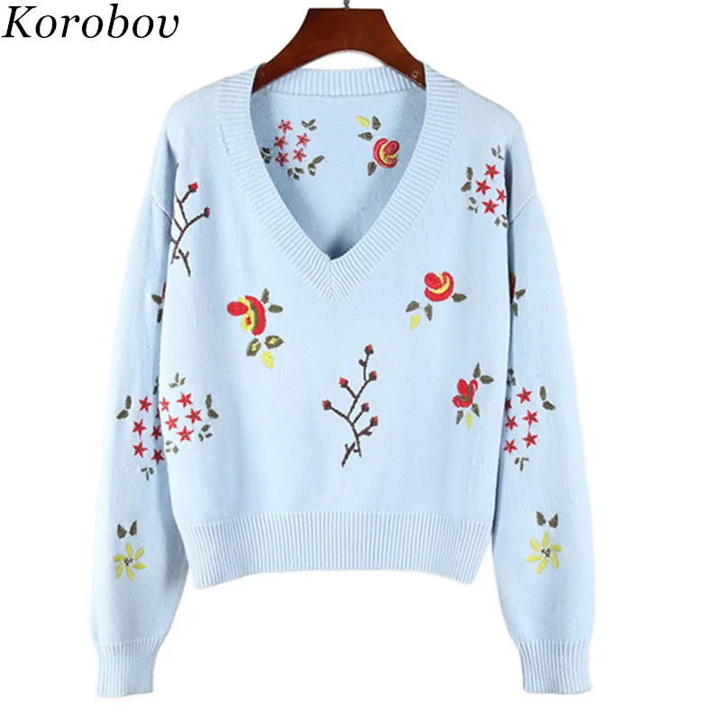 

Korobov Korean Floral Embroidery Women Sweater Sexy V-Neck Sueter Mujer Loose Casual Long Sleeve Female Sweaters 76423