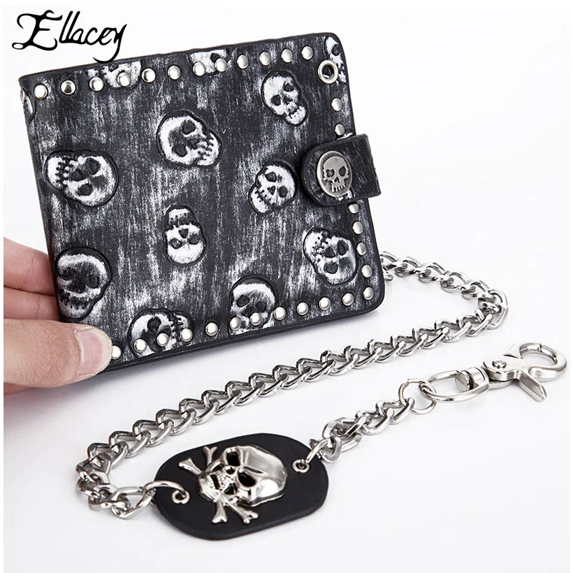

Punk Style Retro Men and Women Skull Wallet Mini Clutch Bag Chain Rivets Card Purses Vintage Rocker Multi-function Wallet