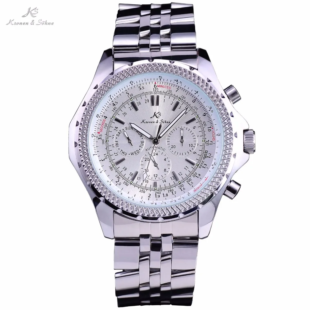 

KS Brand Men Male Stainless Steel Band White Analog Date Day Waterproof Automatic Mechanical Luxury Dress Wrist Watch Gift/KS013