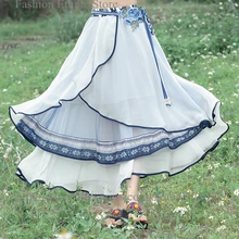 Винтажная Асимметричная многослойная сетчатая Макси Длинная юбка для женщин, белые шифоновые юбки, отправка цветочной вышивки на поясе, faldas jupe femme