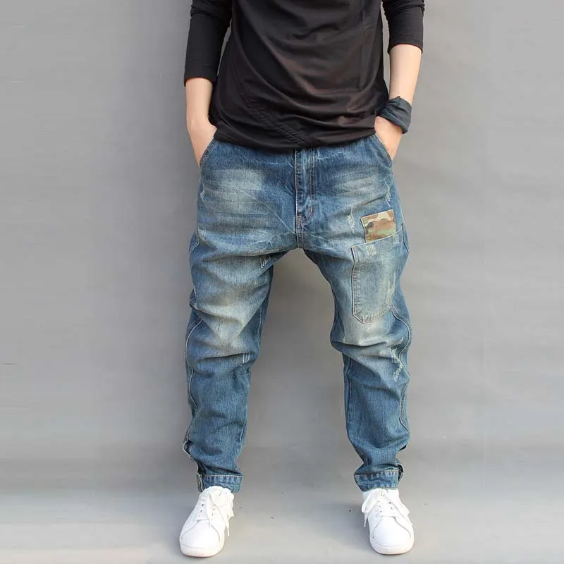 Tanie Męskie dżinsy dorywczo biegaczy Plus rozmiar Hip Hop Harem spodnie dżinsowe kamuflaż Patchwork jakości spodnie niebieskie dżinsy odzież męska