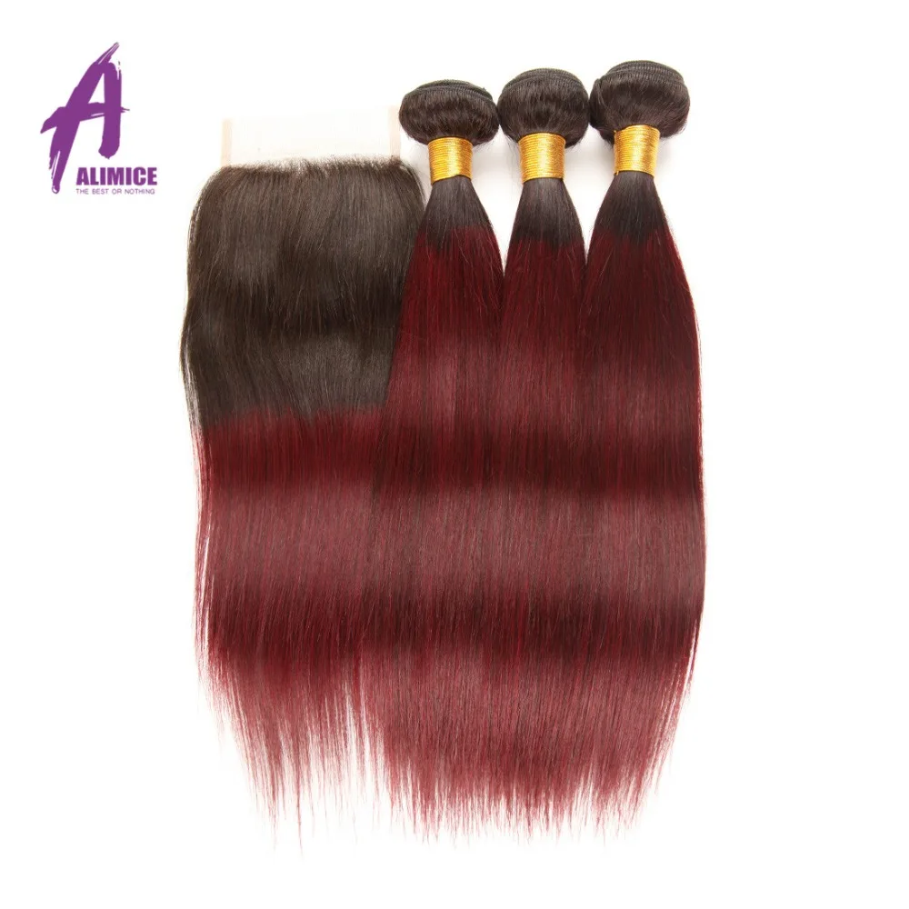 Alimice Ombre Brazilian Straight Hair 2 3 4 Bundles With Lace Closure T1B/99J Hair Weaves Human Hair Bundles With Closure Remy