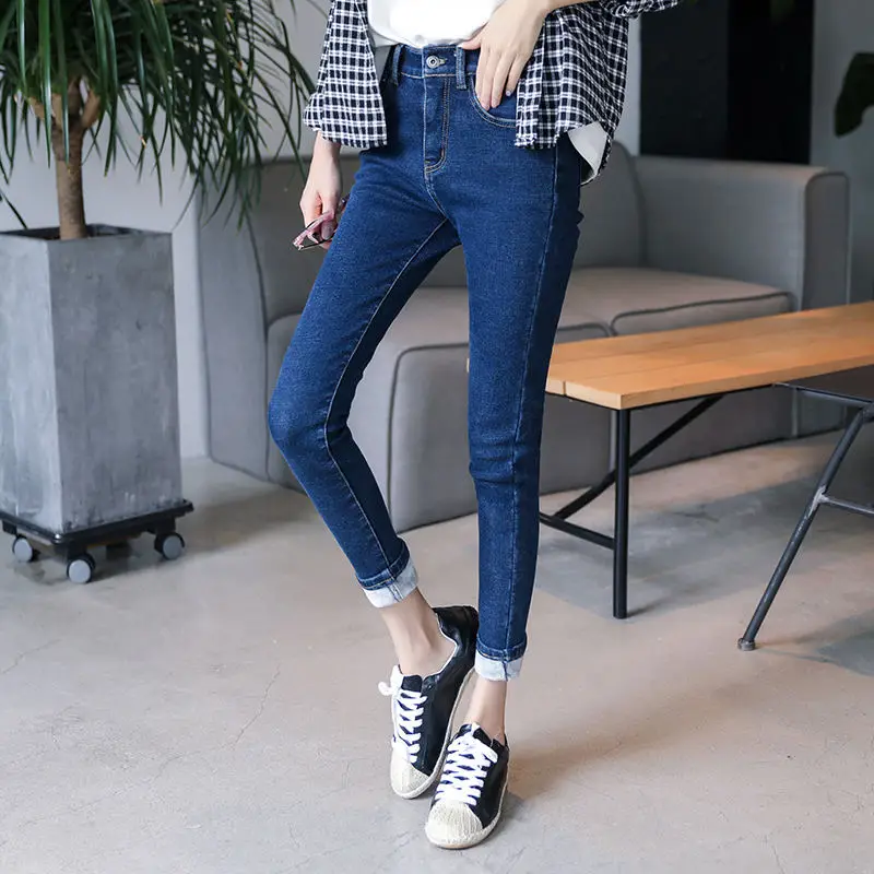 Вельветовые Теплые джинсы с высокой талией, женские узкие винтажные Стрейчевые джинсы, узкие брюки, женские осенние зимние черные джинсы Z32 - Цвет: Blue white velvet