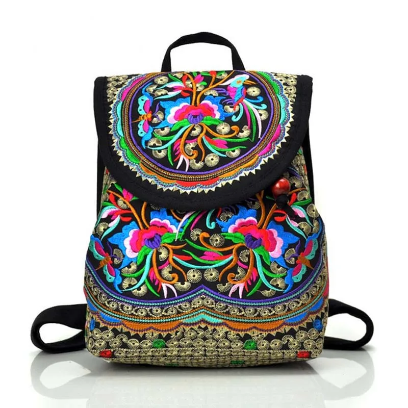 Ethnic Embroidery Spliced Drawstring Backpack Shoulder Bag