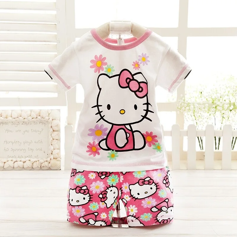 

2019 Homewear Pajamas T-shirt Cartoon Cotton Hello Kitty Children's Sets Baby Girls Shorts Kids' Clothing Summer Pajamas Sets