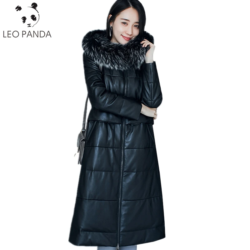 

2019 Winter Real Leather Down Jacket Women Black Slim Genuine Sheepskin Coat New Natural Raccoon fur Hooded Warm Female Jackets