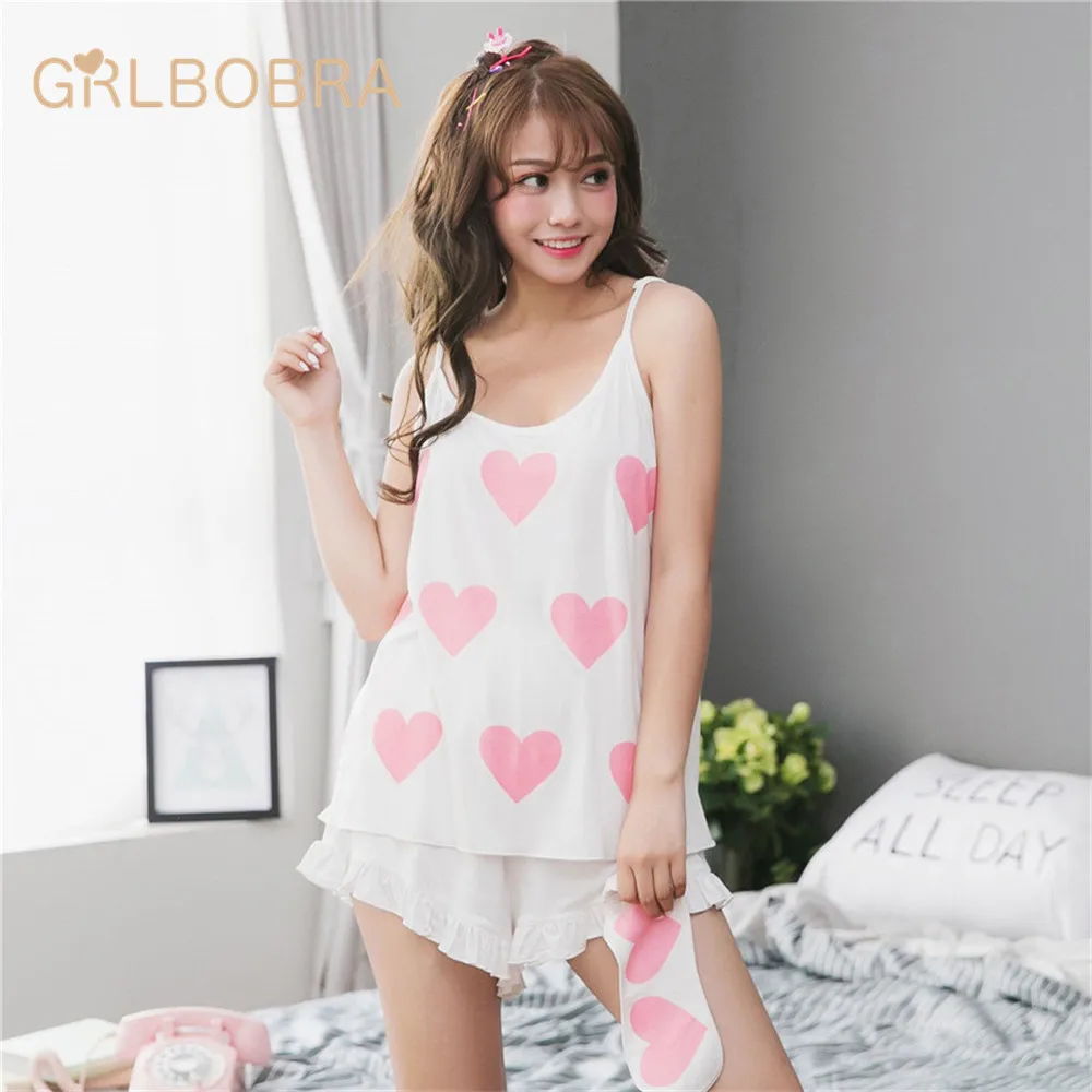Women's Sleepwear Set Cute Heart Pattern Sleeveless Sweet Cozy Home
